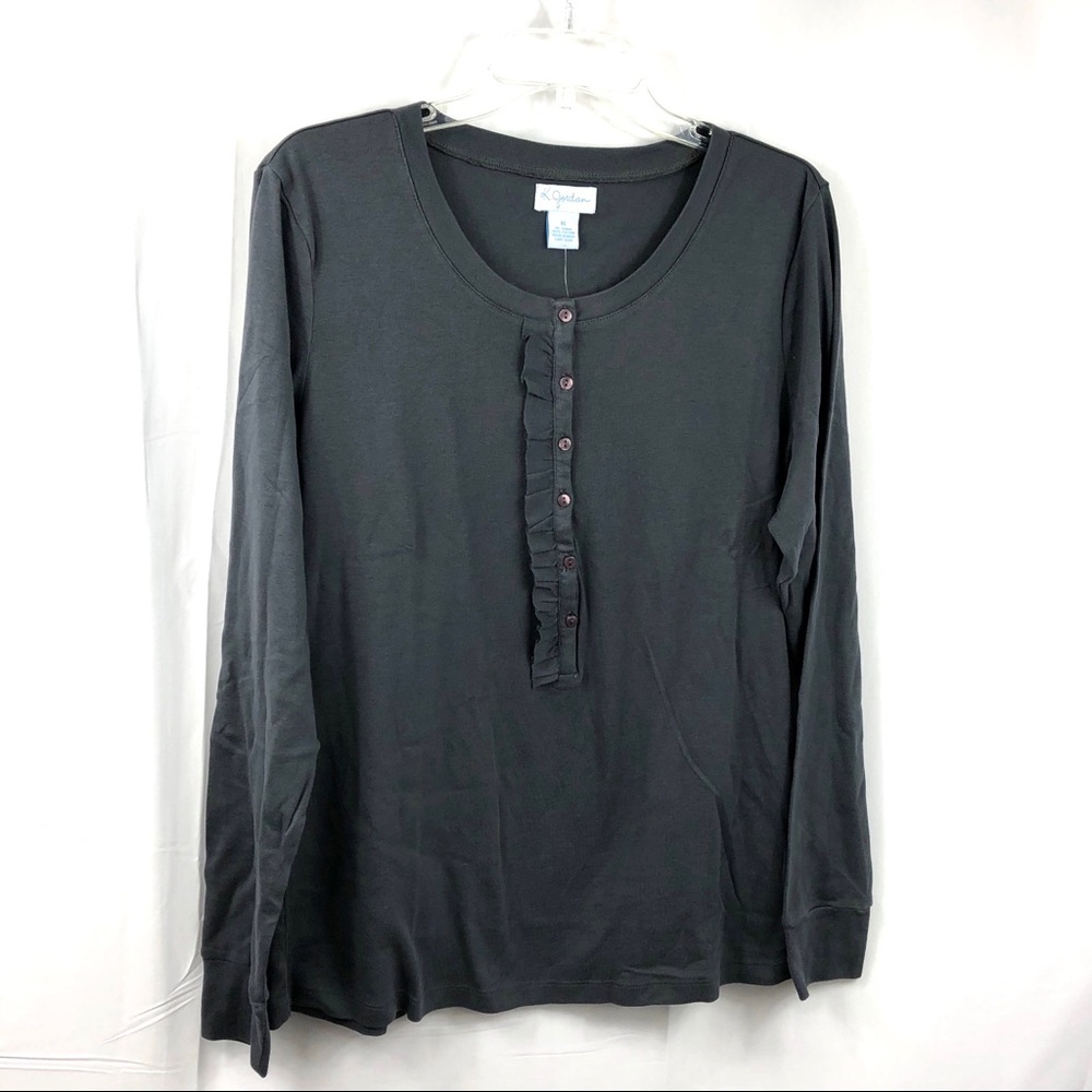 Cotton Long Sleeve Tee Ruffle Detail in Gray XL